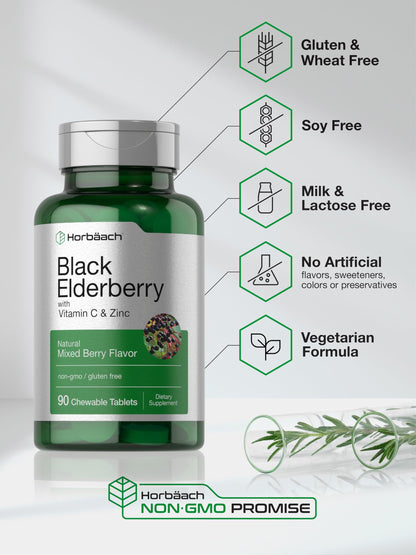 Horbaach Black Elderberry with Vitamin C and Zinc | 90 Chewable Tablets | Mixed Berry Flavor | Immune Support
