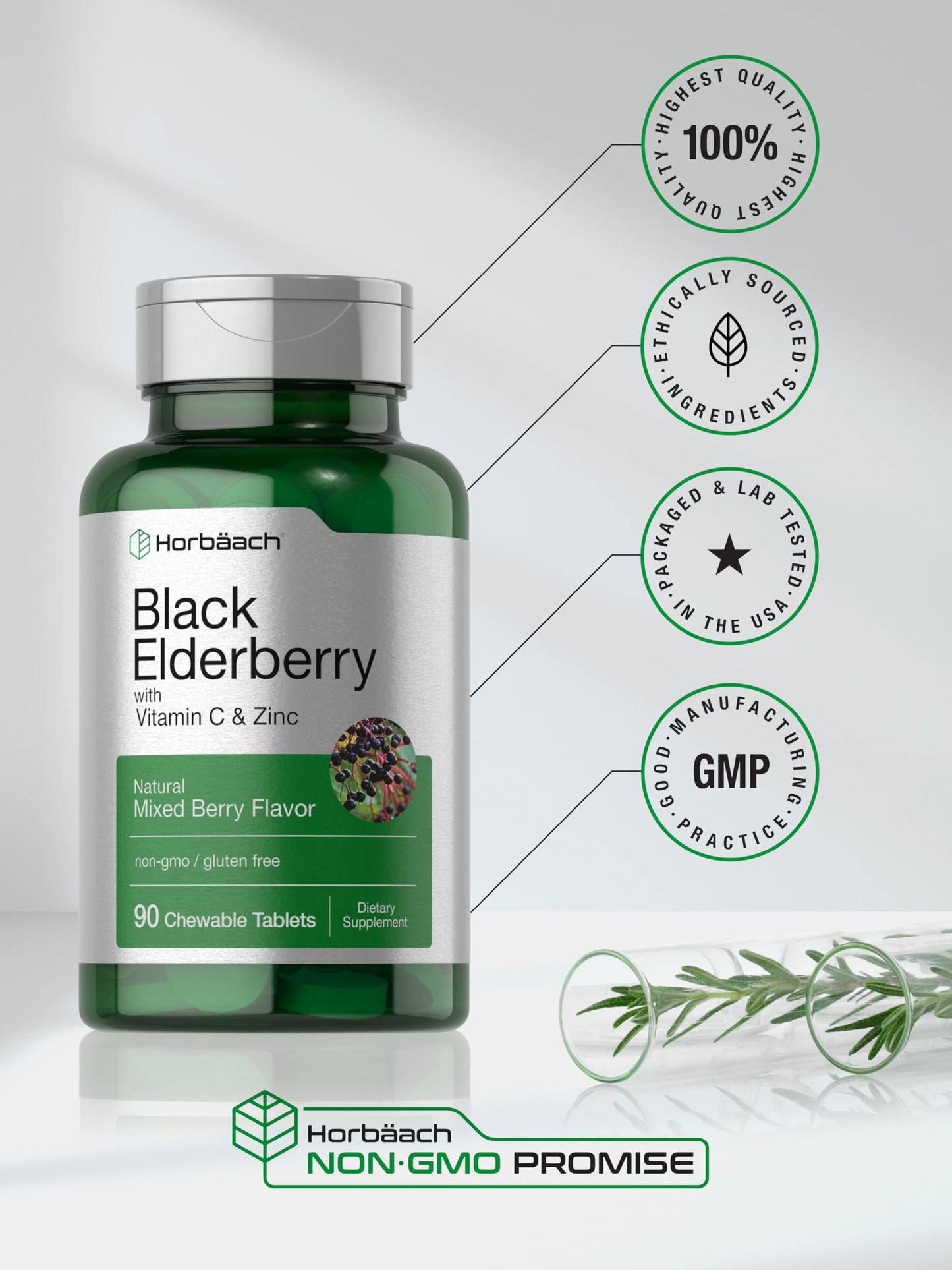 Horbaach Black Elderberry with Vitamin C and Zinc | 90 Chewable Tablets | Mixed Berry Flavor | Immune Support
