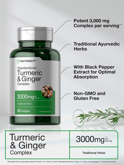 Horbäach Turmeric & Ginger Supplement 3000 mg | 60 Softgels | Black Pepper for Absorption | Non-GMO, Gluten Free