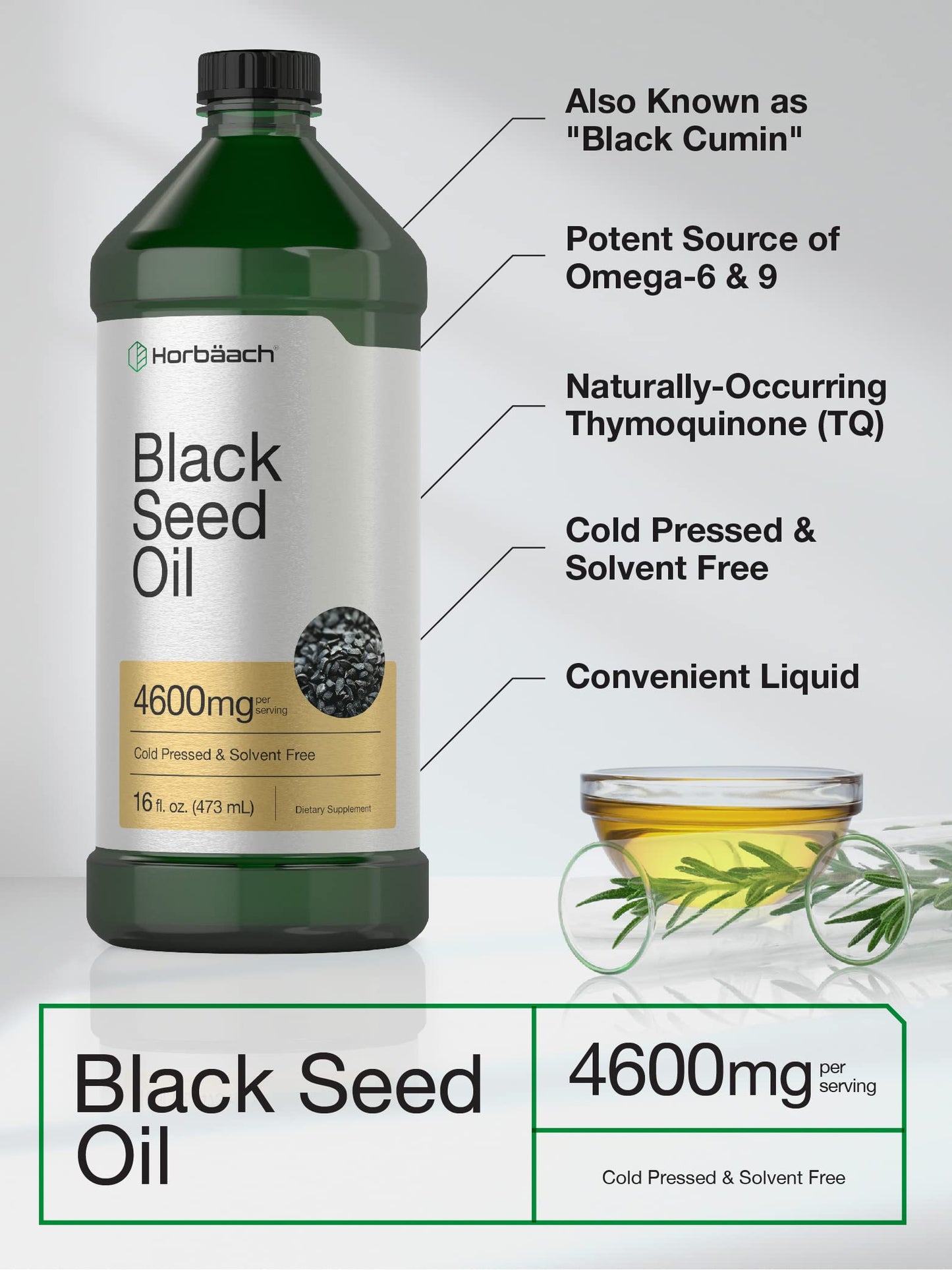 Horbäach Black Seed Oil Liquid 16oz – 4600mg | Cold Pressed Nigella Sativa, Vegetarian & Non-GMO