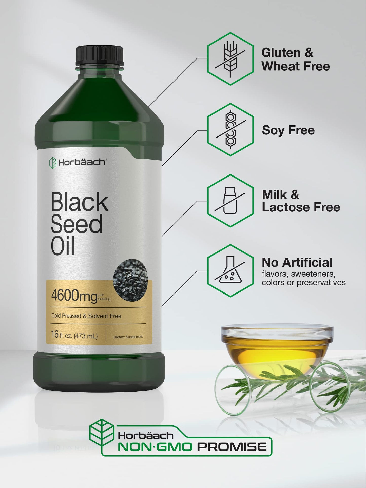 Horbäach Black Seed Oil Liquid 16oz – 4600mg | Cold Pressed Nigella Sativa, Vegetarian & Non-GMO