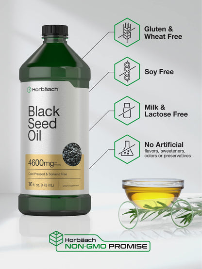 Horbäach Black Seed Oil Liquid 16oz – 4600mg | Cold Pressed Nigella Sativa, Vegetarian & Non-GMO