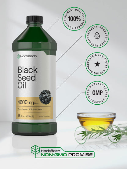 Horbäach Black Seed Oil Liquid 16oz – 4600mg | Cold Pressed Nigella Sativa, Vegetarian & Non-GMO