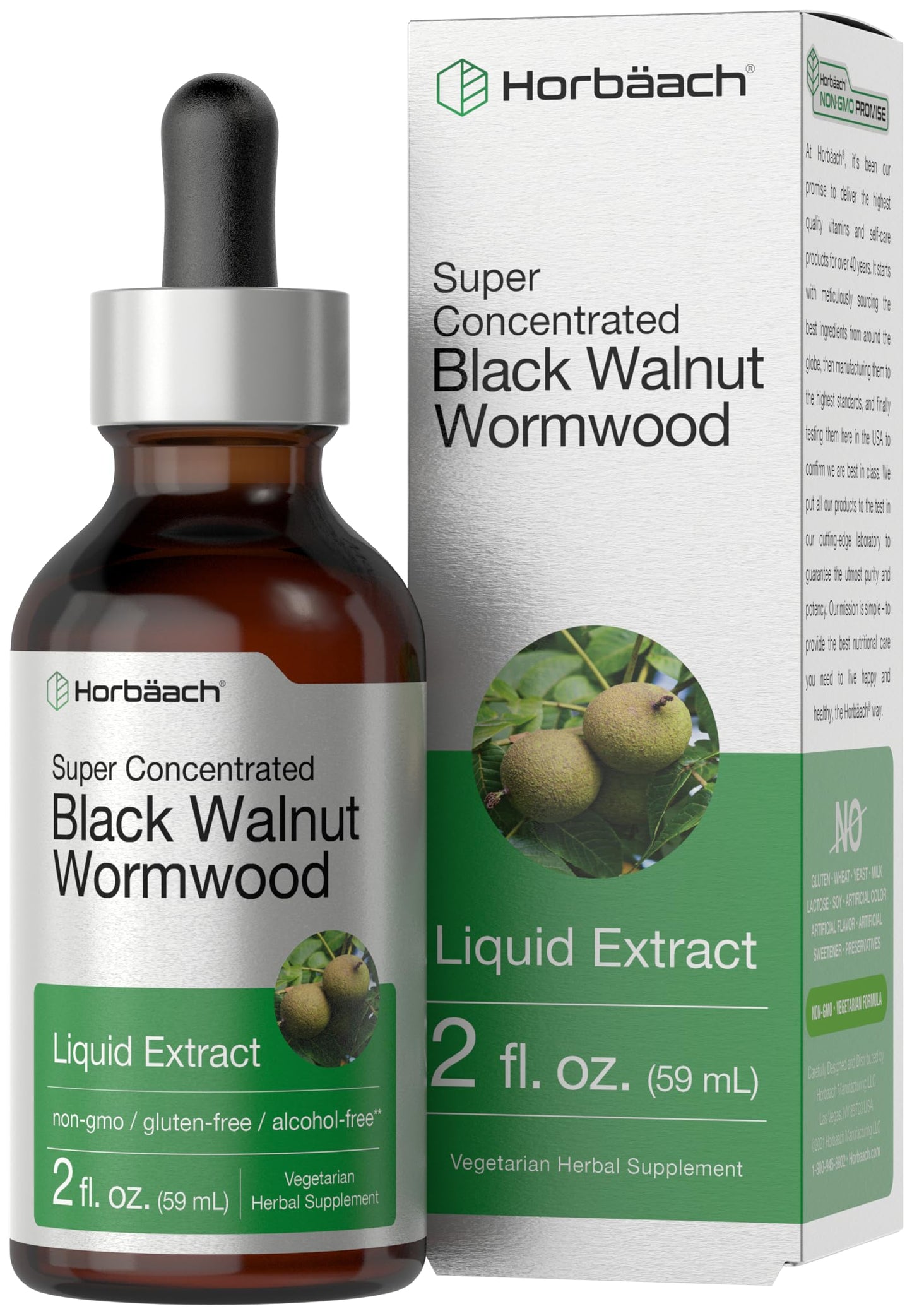 Horbaach Black Walnut Hull Wormwood Extract Tincture 2 fl oz – Alcohol-Free, Vegetarian & Gluten-Free