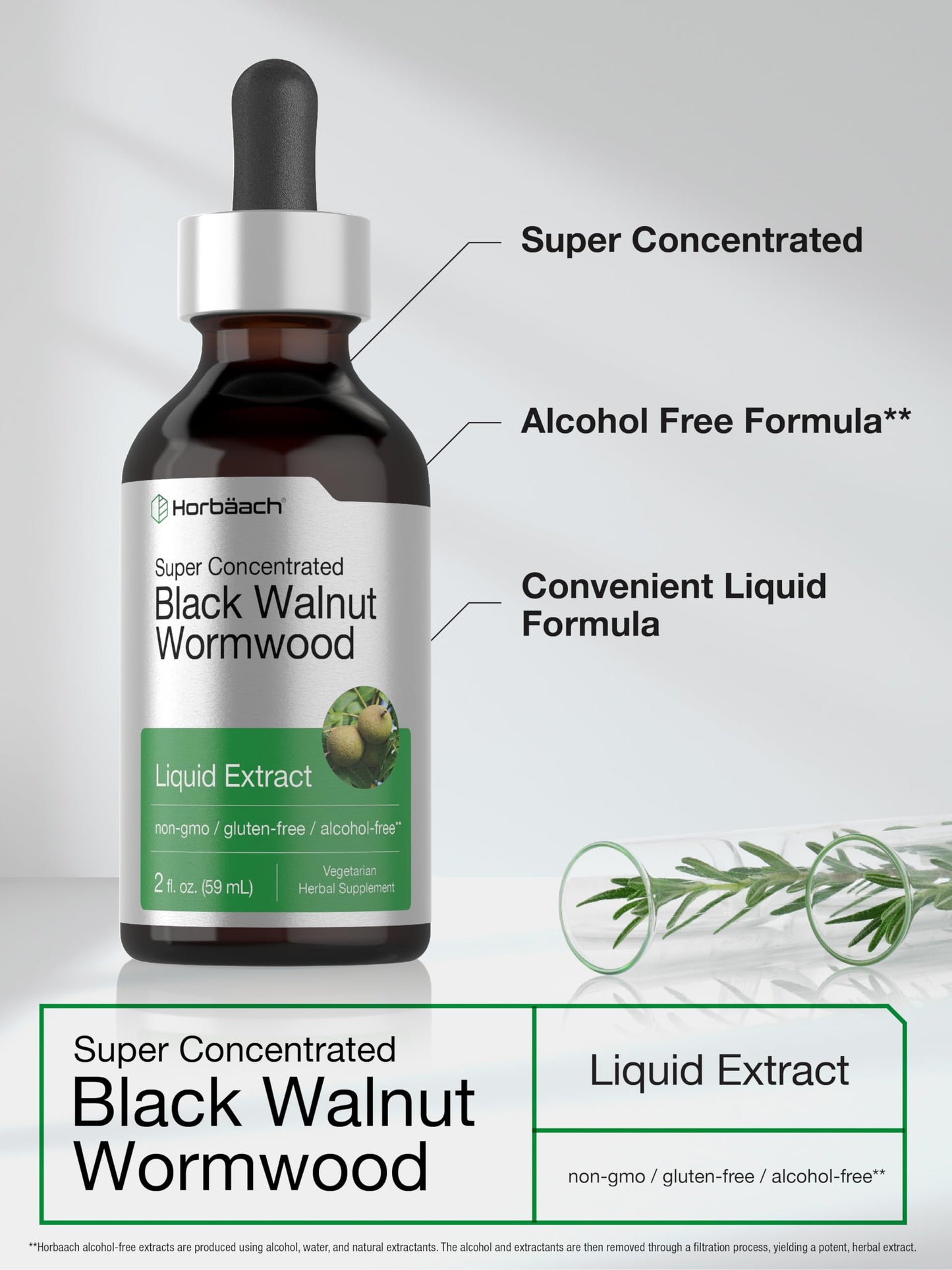 Horbaach Black Walnut Hull Wormwood Extract Tincture 2 fl oz – Alcohol-Free, Vegetarian & Gluten-Free