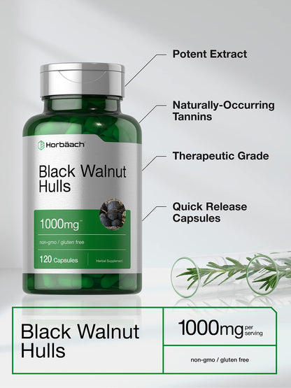 Horbaach Black Walnut Hulls Capsules | 1000 mg | 120 Count | Herbal Supplement | Non-GMO & Gluten Free