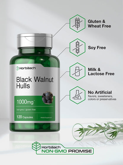 Horbaach Black Walnut Hulls Capsules | 1000 mg | 120 Count | Herbal Supplement | Non-GMO & Gluten Free