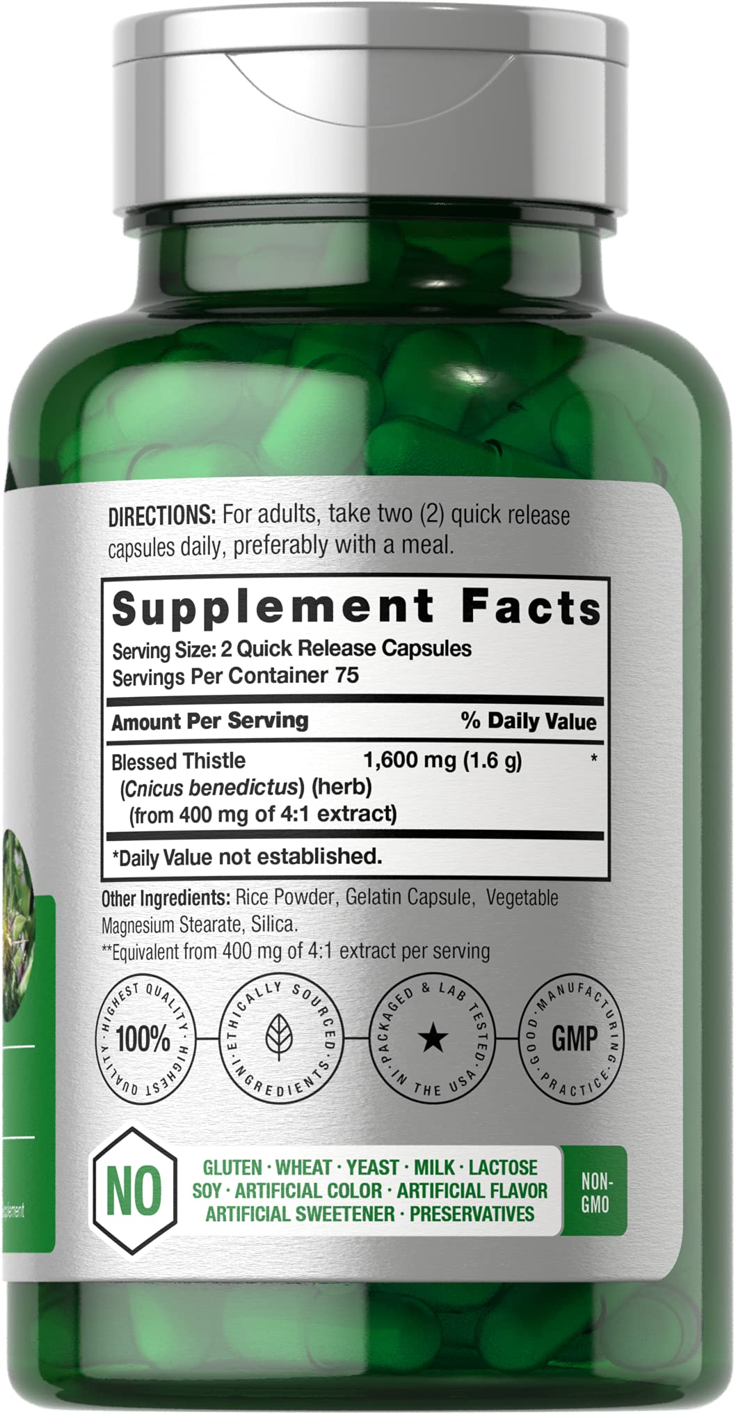 Horbaach Blessed Thistle Capsules 1600 mg - 150 Count | Max Potency, Non-GMO, Gluten Free