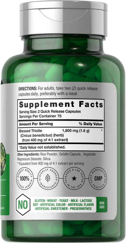 Horbaach Blessed Thistle Capsules 1600 mg - 150 Count | Max Potency, Non-GMO, Gluten Free