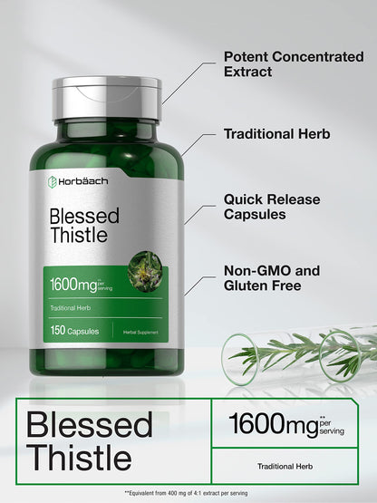 Horbaach Blessed Thistle Capsules 1600 mg - 150 Count | Max Potency, Non-GMO, Gluten Free