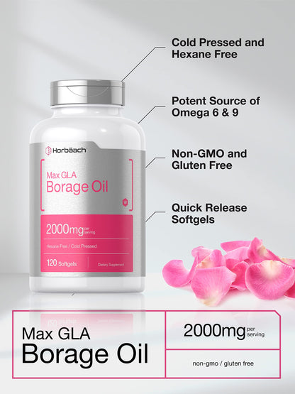 Horbäach Borage Oil Capsules 2000 mg | 120 Softgels | 320 mg GLA | Cold Pressed Seed Oil Supplement