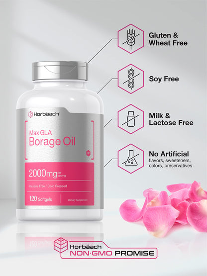 Horbäach Borage Oil Capsules 2000 mg | 120 Softgels | 320 mg GLA | Cold Pressed Seed Oil Supplement