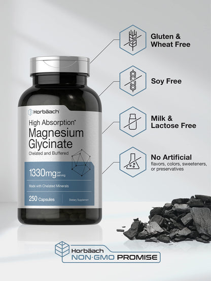 Horbäach Buffered Magnesium Glycinate 1330mg | 250 Capsules | Chelated Minerals