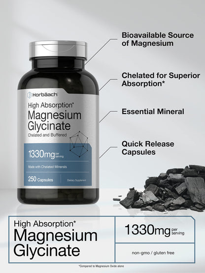 Horbäach Buffered Magnesium Glycinate 1330mg | 250 Capsules | Chelated Minerals