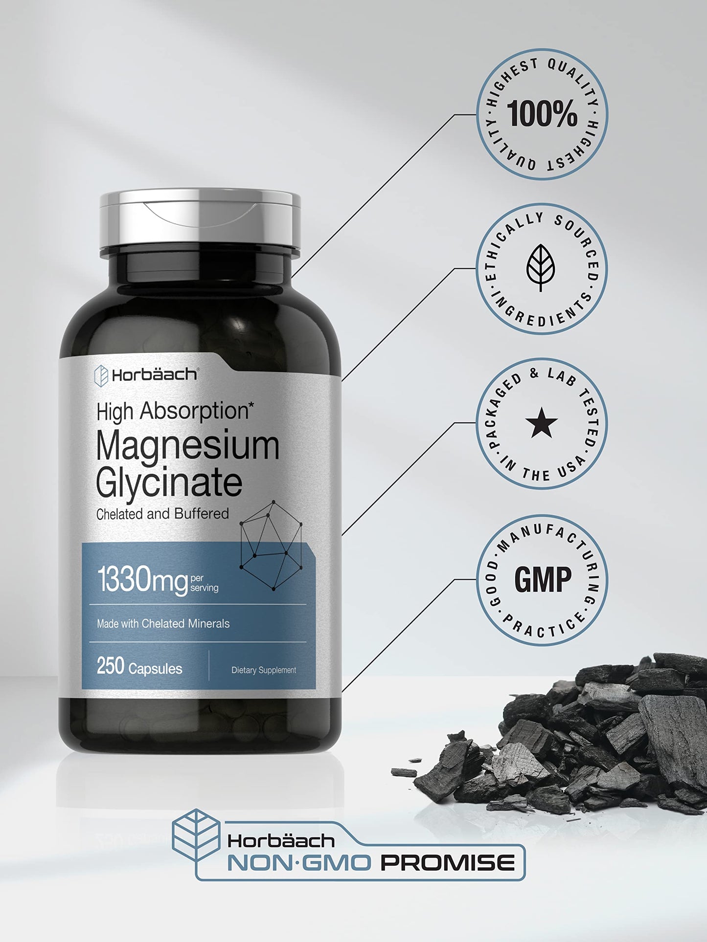Horbäach Buffered Magnesium Glycinate 1330mg | 250 Capsules | Chelated Minerals