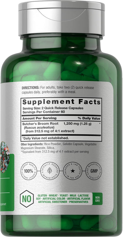 Horbaach Butchers Broom Capsules 1250mg | 120 Count – Non-GMO, Gluten Free