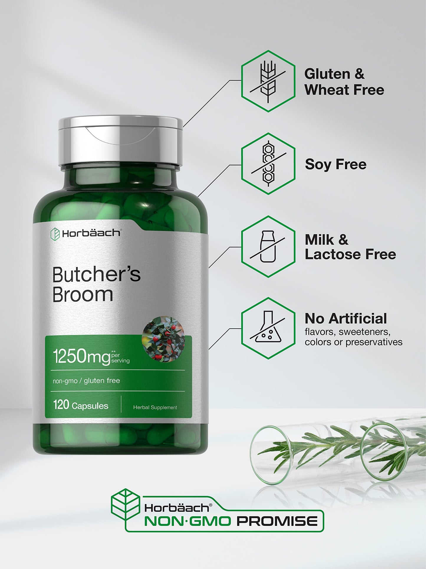 Horbaach Butchers Broom Capsules 1250mg | 120 Count – Non-GMO, Gluten Free