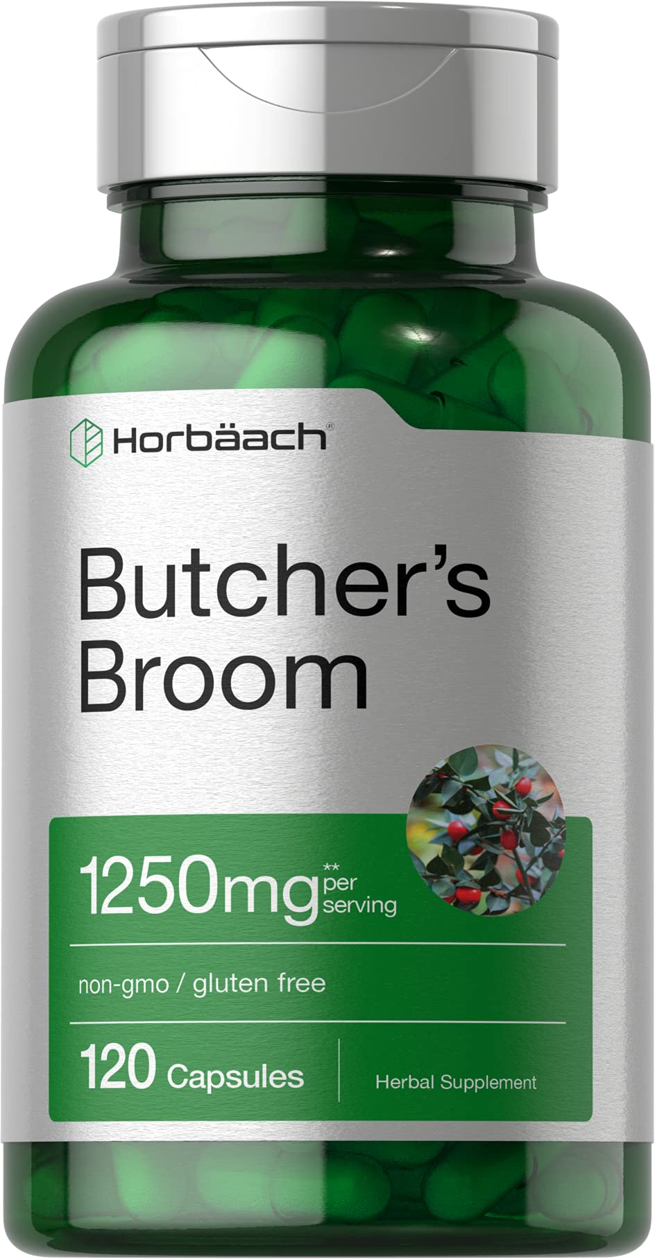 Horbaach Butchers Broom Capsules 1250mg | 120 Count – Non-GMO, Gluten Free