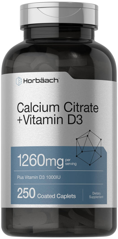 Horbäach Calcium Citrate with Vitamin D3 – 1260 mg, 250 Caplets | Vegetarian, Gluten Free
