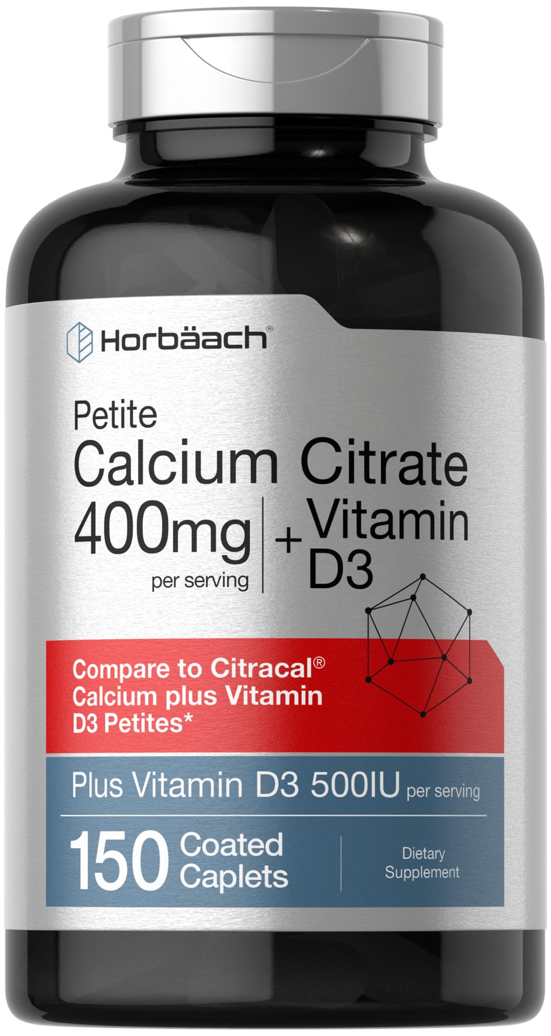 Horbäach Calcium Citrate with Vitamin D3 | 150 Petite Coated Caplets | Vegetarian, Non-GMO & Gluten Free