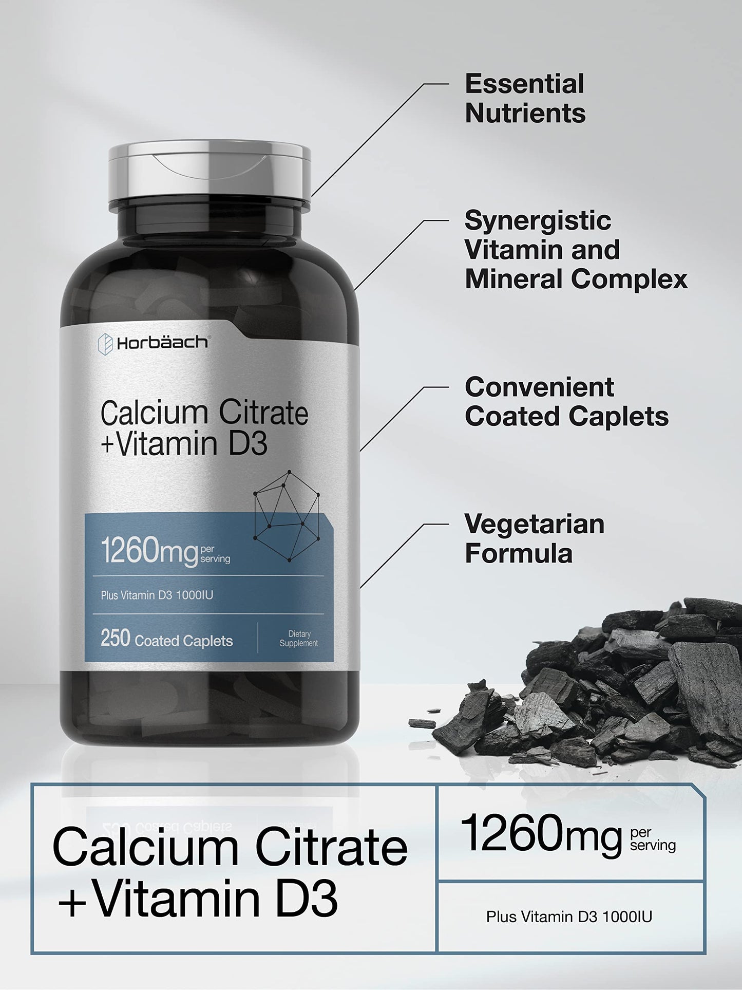 Horbäach Calcium Citrate with Vitamin D3 – 1260 mg, 250 Caplets | Vegetarian, Gluten Free
