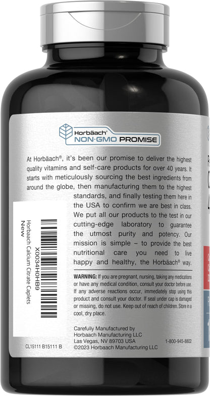 Horbäach Calcium Citrate with Vitamin D3 | 150 Petite Coated Caplets | Vegetarian, Non-GMO & Gluten Free