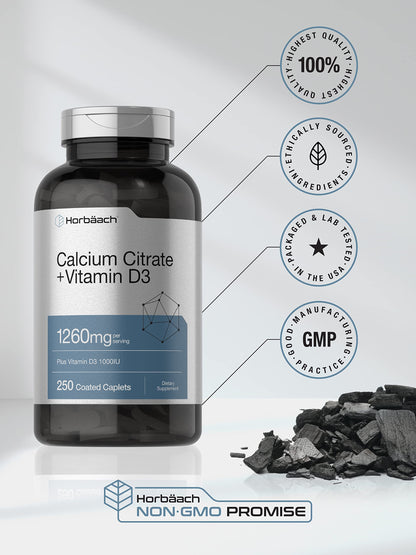 Horbäach Calcium Citrate with Vitamin D3 – 1260 mg, 250 Caplets | Vegetarian, Gluten Free