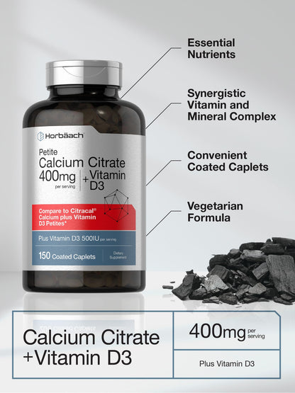 Horbäach Calcium Citrate with Vitamin D3 | 150 Petite Coated Caplets | Vegetarian, Non-GMO & Gluten Free