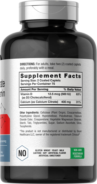 Horbäach Calcium Citrate with Vitamin D3 | 150 Petite Coated Caplets | Vegetarian, Non-GMO & Gluten Free