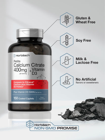 Horbäach Calcium Citrate with Vitamin D3 | 150 Petite Coated Caplets | Vegetarian, Non-GMO & Gluten Free