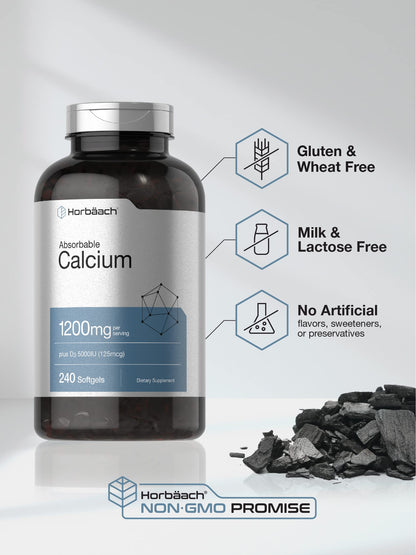 Horbäach Calcium 1200 mg with Vitamin D3 | 240 Softgels | 5000 IU D3 | Non-GMO, Gluten Free