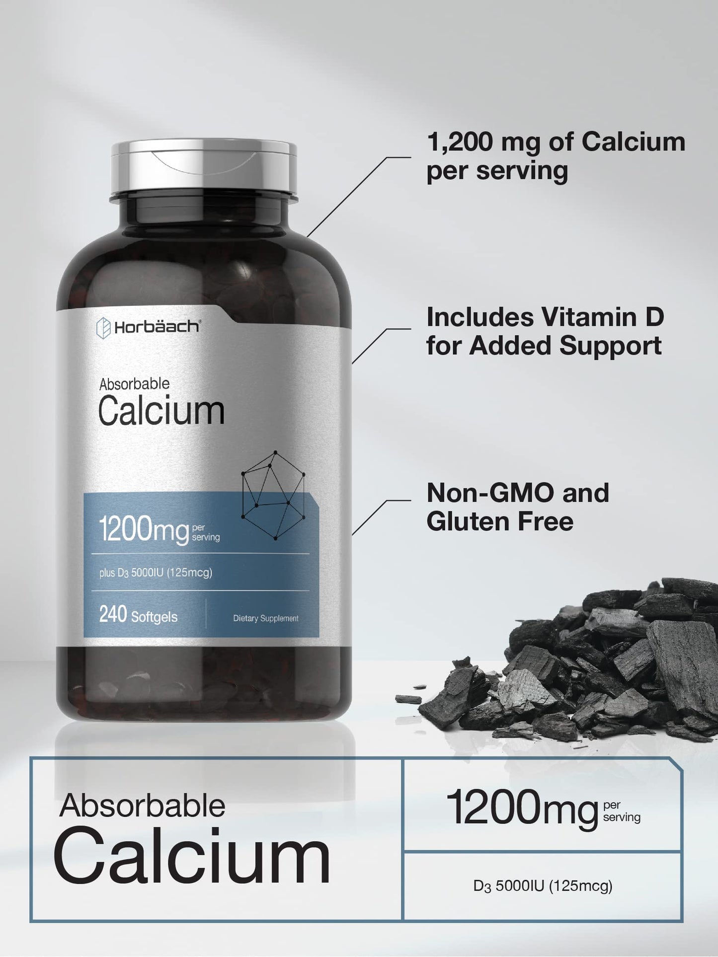 Horbäach Calcium 1200 mg with Vitamin D3 | 240 Softgels | 5000 IU D3 | Non-GMO, Gluten Free