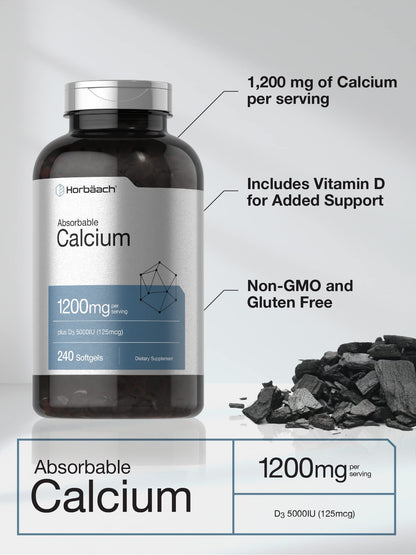 Horbäach Calcium 1200 mg with Vitamin D3 | 240 Softgels | 5000 IU D3 | Non-GMO, Gluten Free