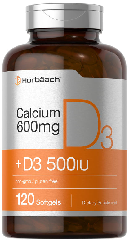 Horbäach Calcium Supplement with Vitamin D3 - 600 mg | 120 Softgels | Non-GMO & Gluten Free | For Men and Women