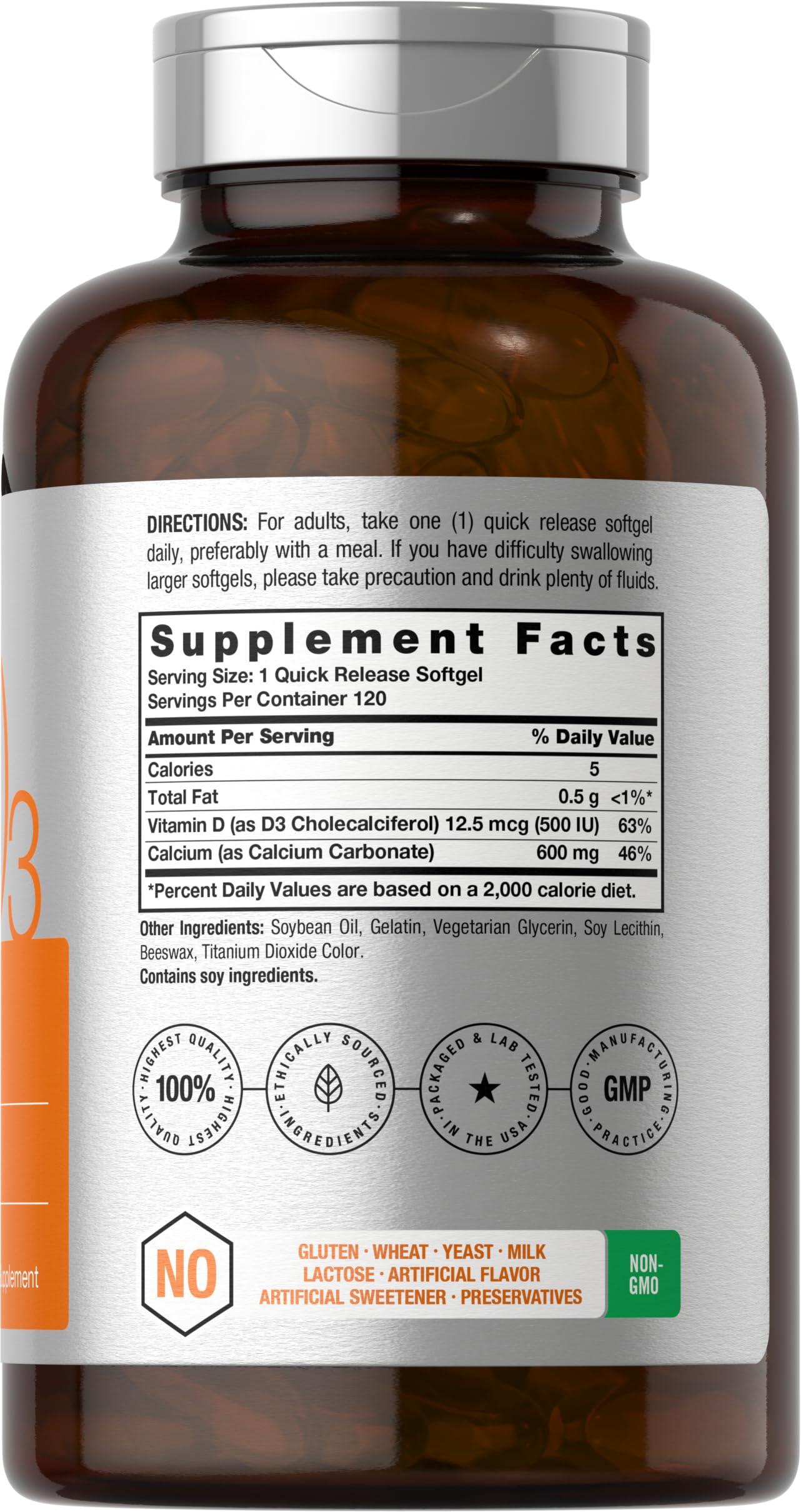 Horbäach Calcium Supplement with Vitamin D3 - 600 mg | 120 Softgels | Non-GMO & Gluten Free | For Men and Women