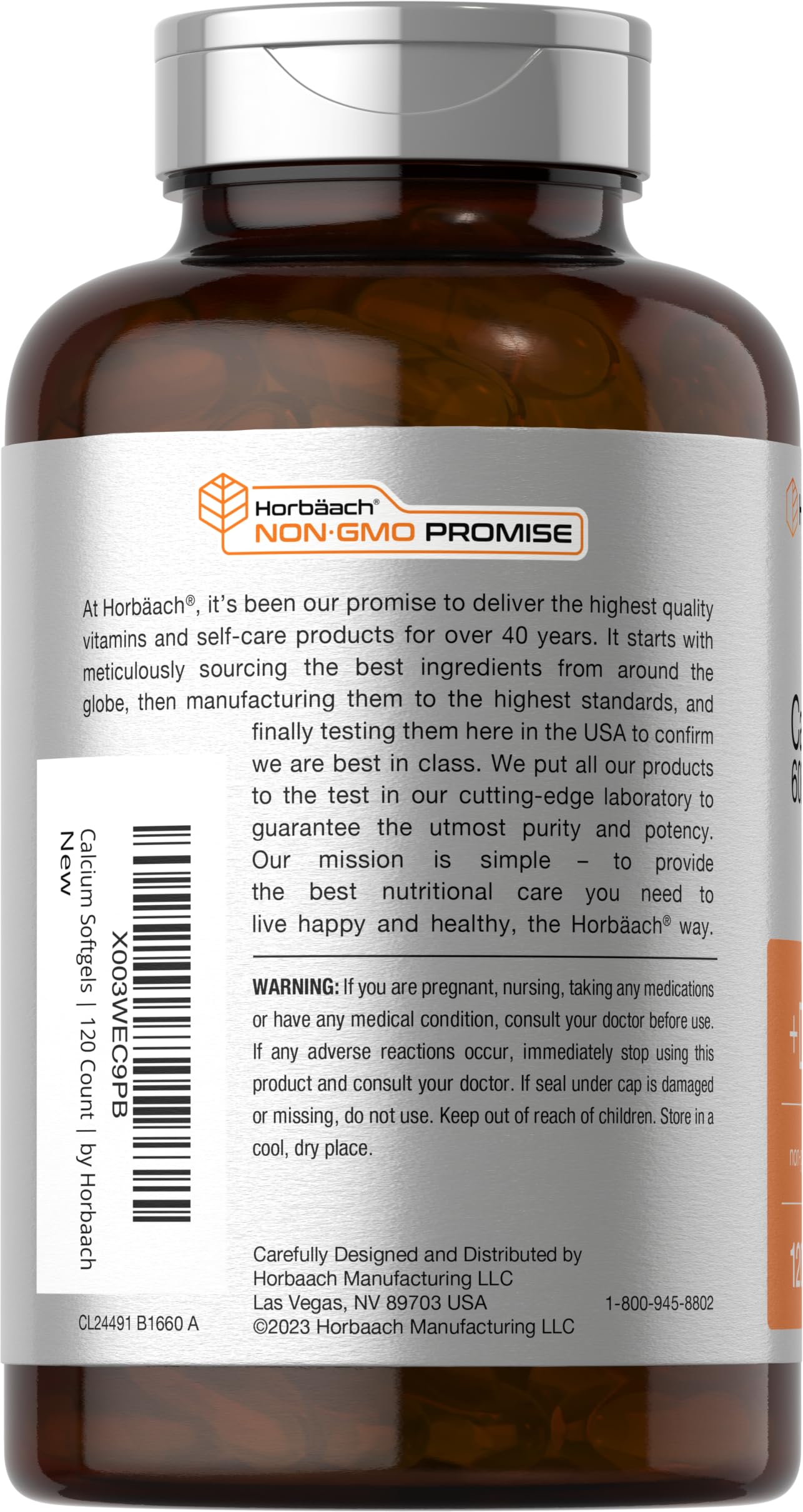 Horbäach Calcium Supplement with Vitamin D3 - 600 mg | 120 Softgels | Non-GMO & Gluten Free | For Men and Women