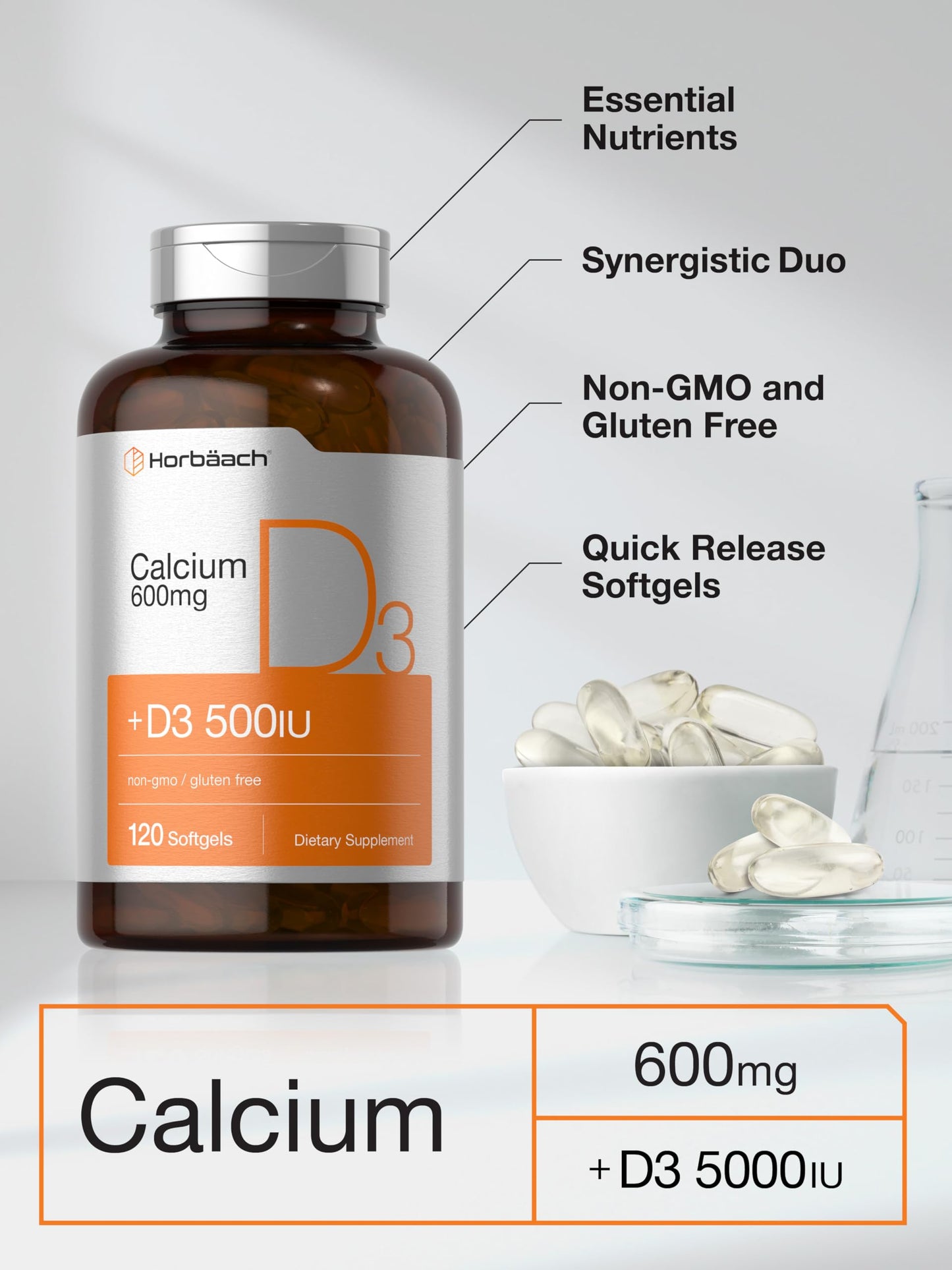 Horbäach Calcium Supplement with Vitamin D3 - 600 mg | 120 Softgels | Non-GMO & Gluten Free | For Men and Women