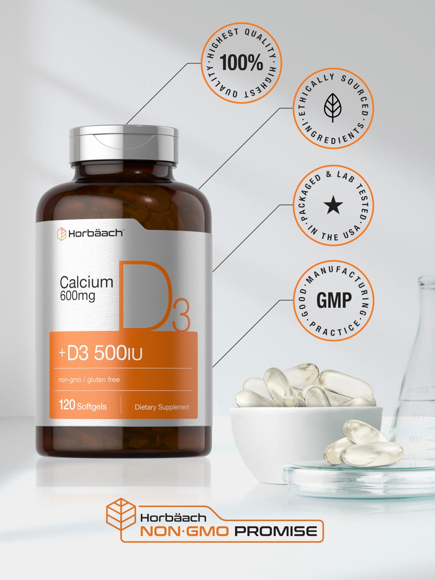 Horbäach Calcium Supplement with Vitamin D3 - 600 mg | 120 Softgels | Non-GMO & Gluten Free | For Men and Women