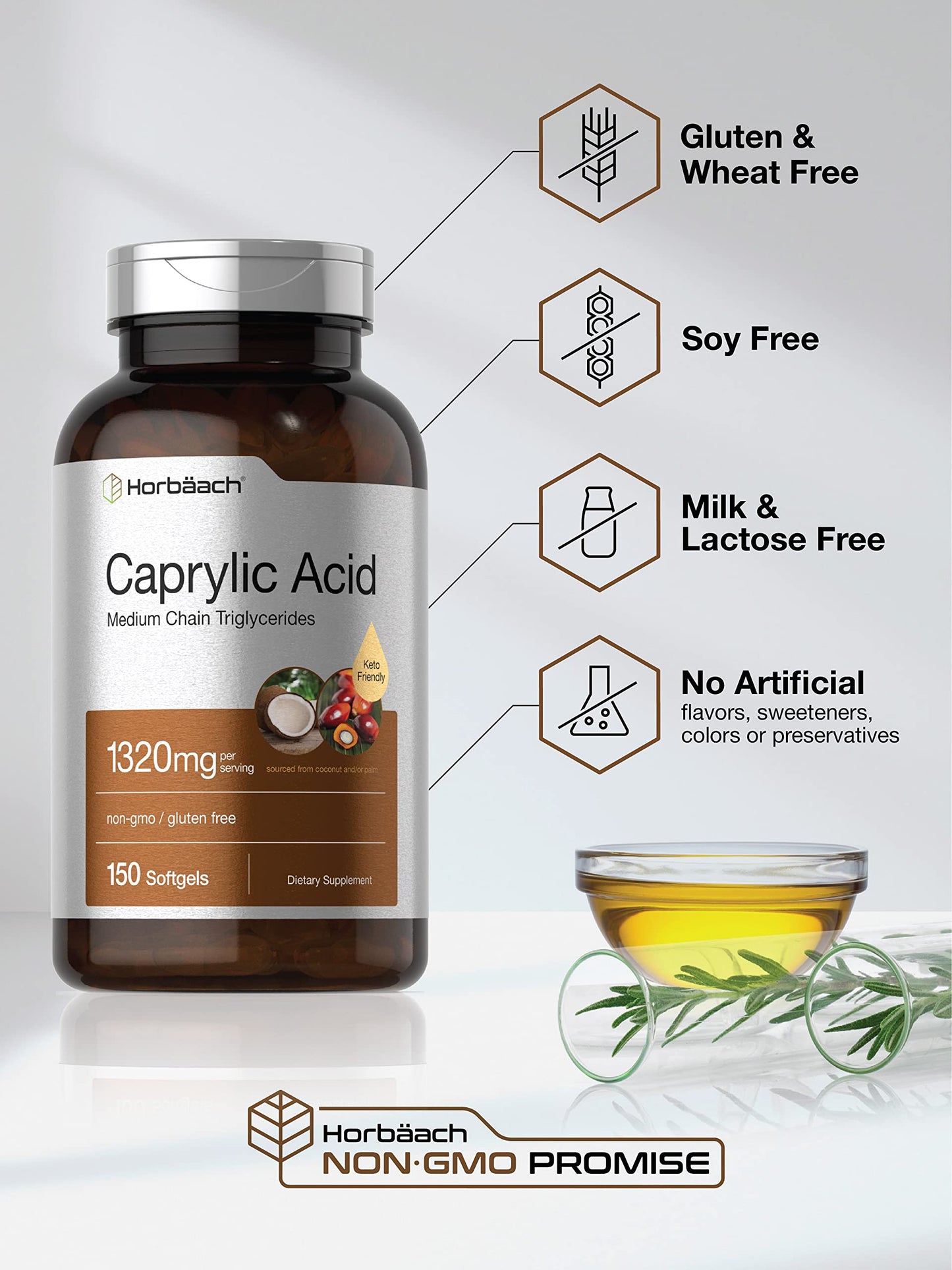 Horbaach Caprylic Acid 1320mg – 150 Softgels | MCT Oil | Non-GMO & Gluten Free