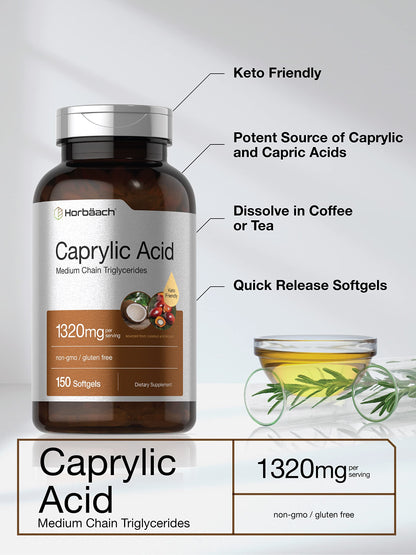 Horbaach Caprylic Acid 1320mg – 150 Softgels | MCT Oil | Non-GMO & Gluten Free