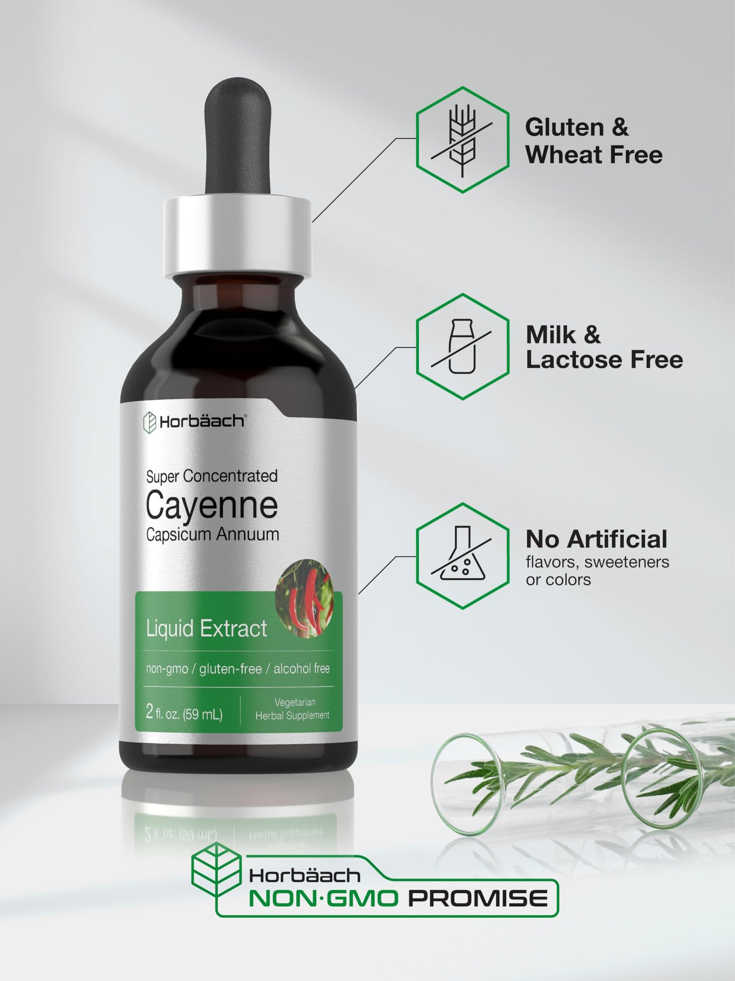 Horbäach Cayenne Pepper Tincture | 2 fl oz Liquid Extract | Vegetarian, Alcohol Free | Non-GMO, Gluten Free Supplement