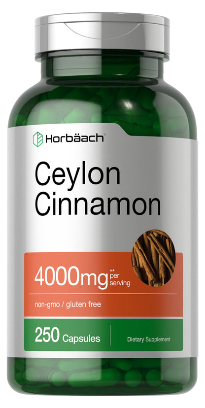 Horbäach Ceylon Cinnamon Capsules 4000mg | 250 Count | Non-GMO, Gluten Free