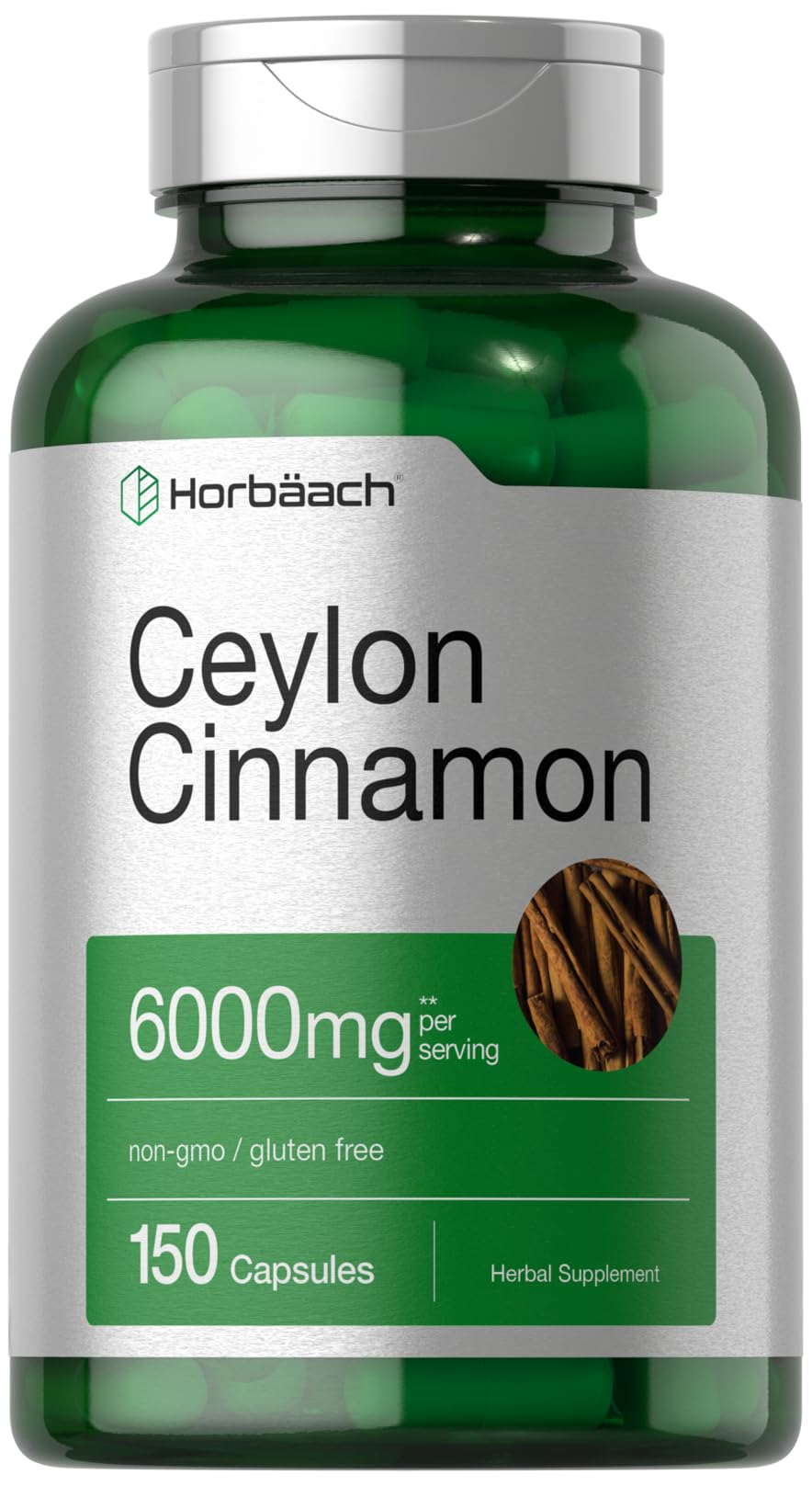 Horbäach Ceylon Cinnamon Capsules – 6000 mg | 150 Count | Non-GMO & Gluten Free