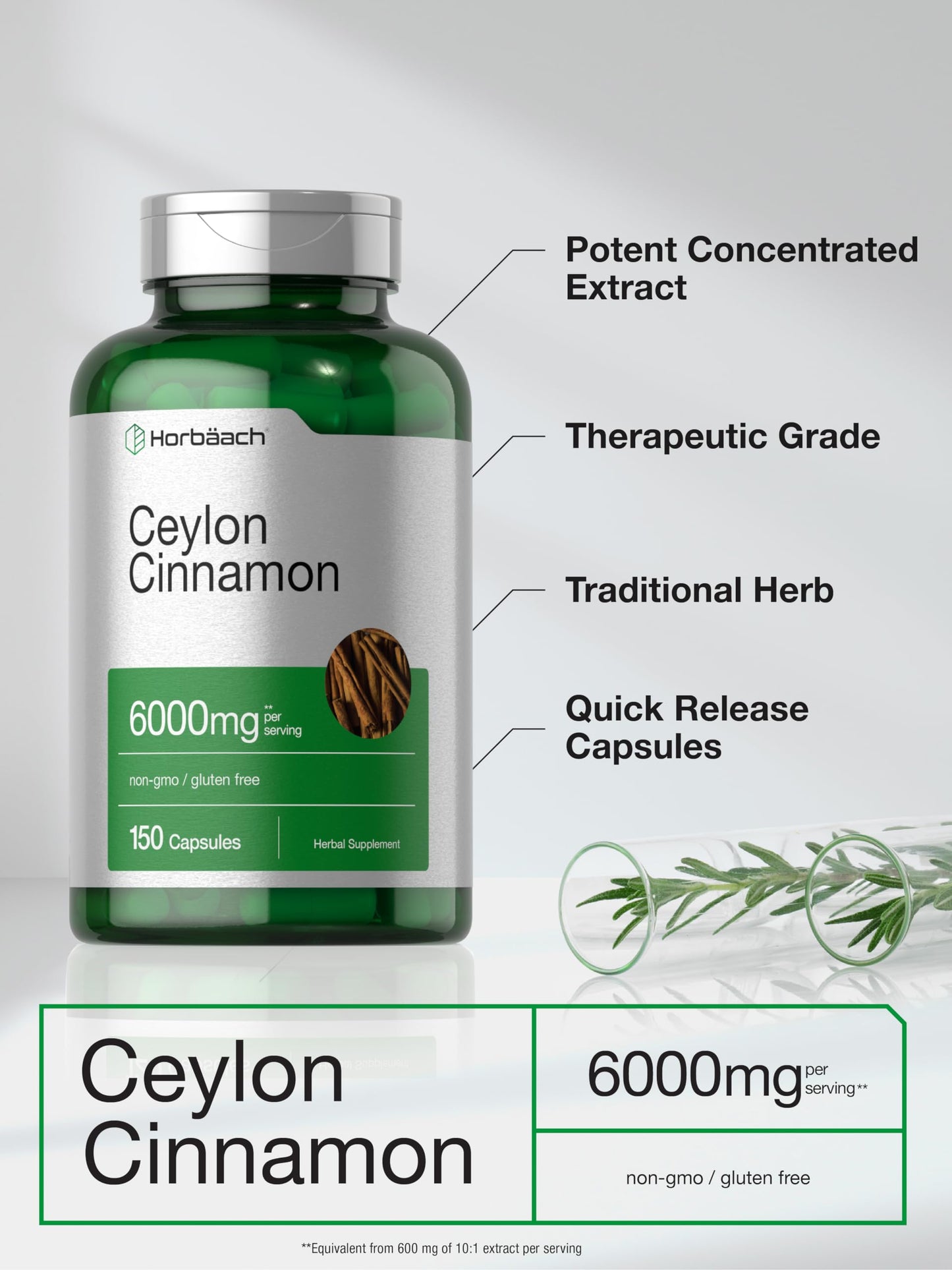 Horbäach Ceylon Cinnamon Capsules – 6000 mg | 150 Count | Non-GMO & Gluten Free