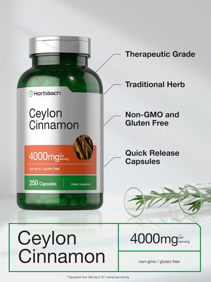 Horbäach Ceylon Cinnamon Capsules 4000mg | 250 Count | Non-GMO, Gluten Free