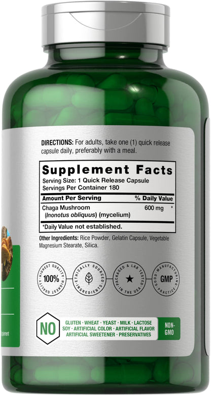 Horbäach Chaga Mushroom Capsules – 180 Count – Non-GMO & Gluten Free