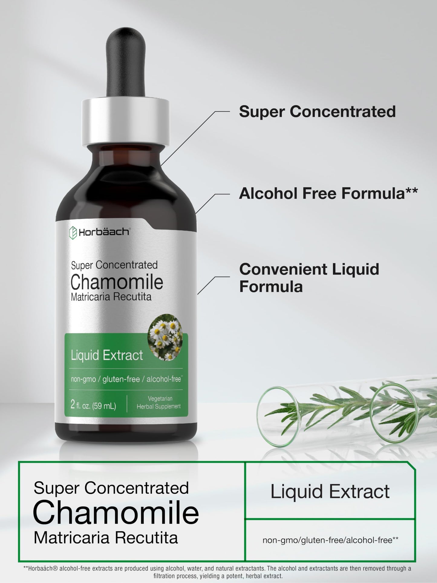 Horbäach Chamomile Extract Liquid | 2 fl oz Tincture | Alcohol Free | Super Concentrated Herb Supplement | Vegetarian Drops | Non-GMO, Gluten Free