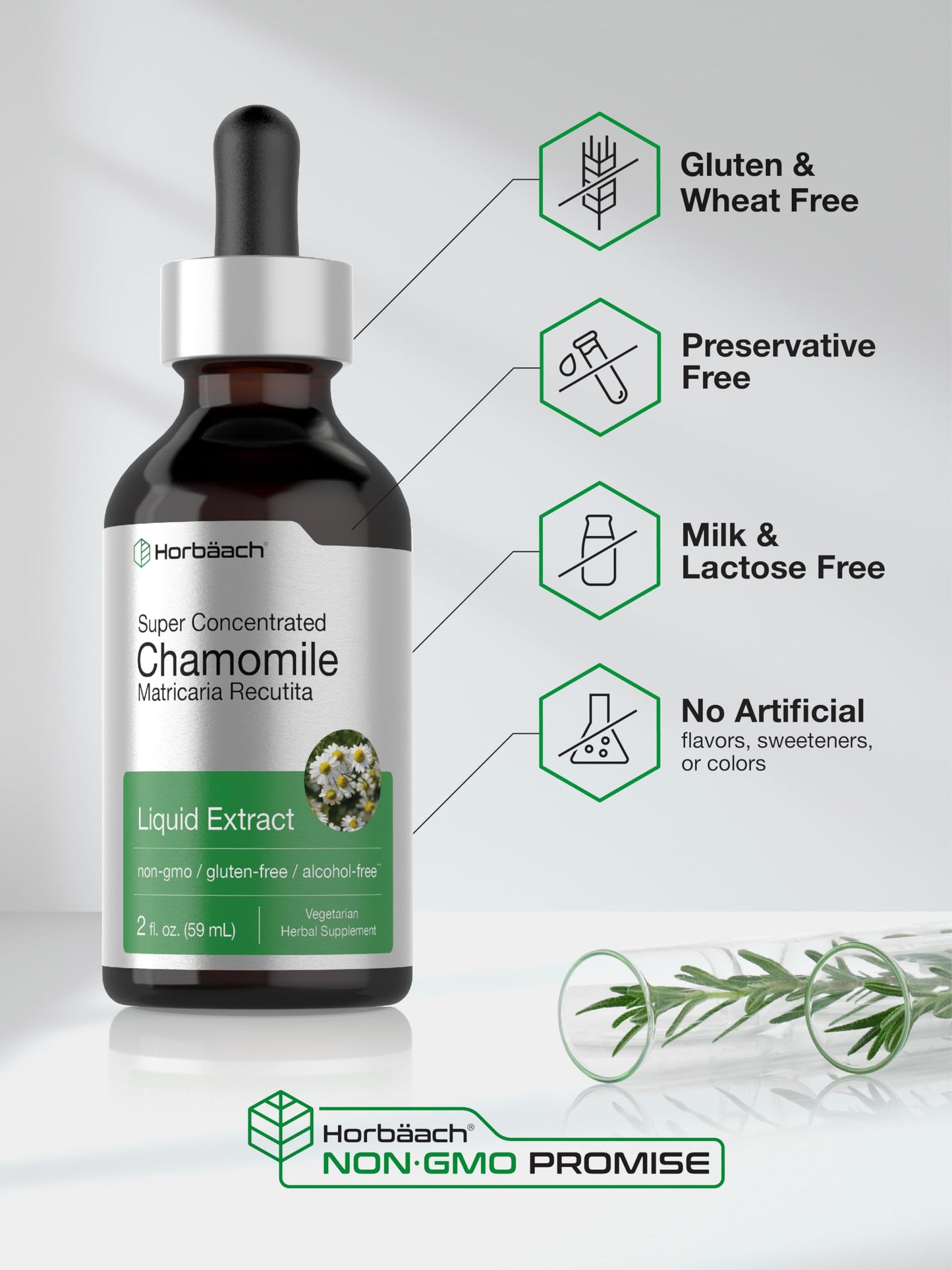Horbäach Chamomile Extract Liquid | 2 fl oz Tincture | Alcohol Free | Super Concentrated Herb Supplement | Vegetarian Drops | Non-GMO, Gluten Free