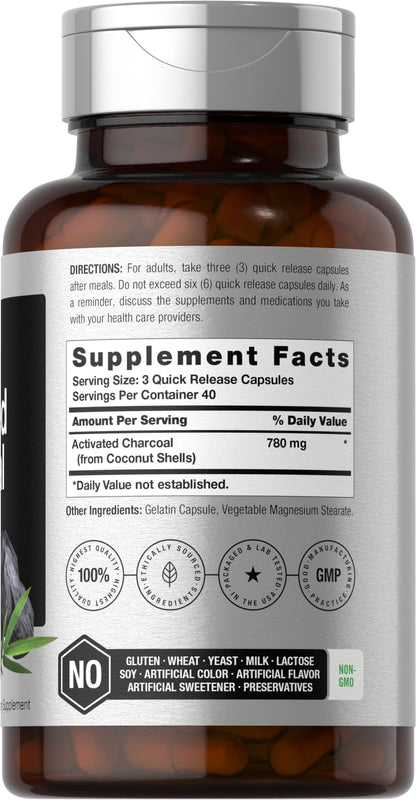 Horbäach Charcoal Pills 780mg – 120 Capsules | Activated Charcoal from Coconut Shells | Non-GMO & Gluten Free | Acti-Coal