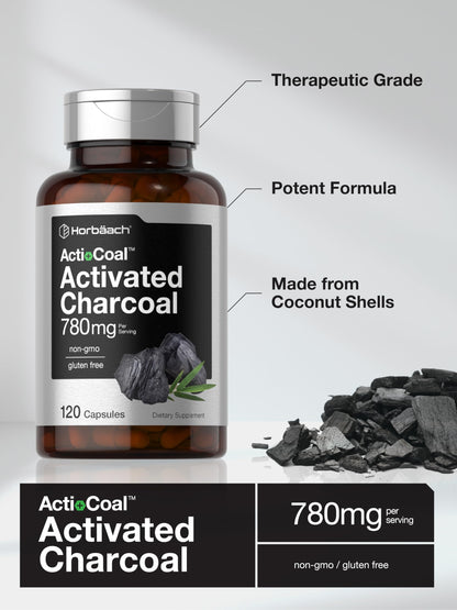 Horbäach Charcoal Pills 780mg – 120 Capsules | Activated Charcoal from Coconut Shells | Non-GMO & Gluten Free | Acti-Coal